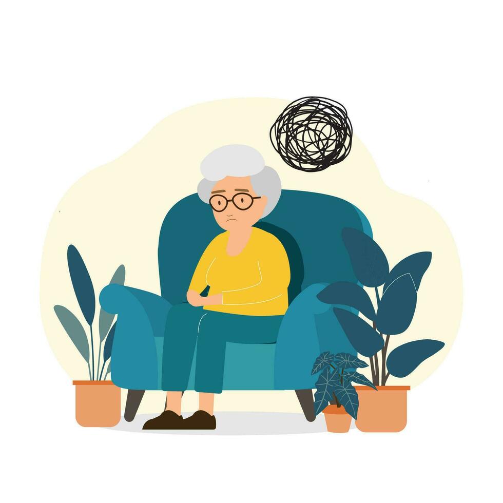 Anxious Senior Man Sitting on Sofa. Flat design style Vector Illustration.