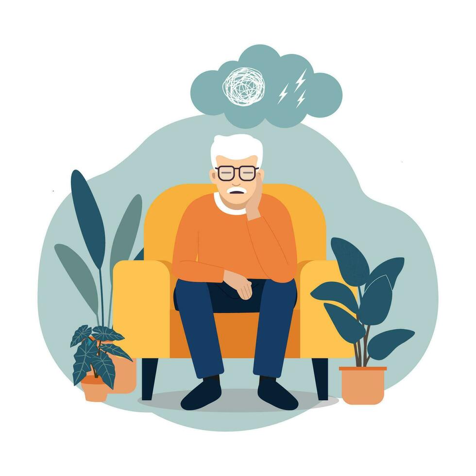 Anxious Senior Man Sitting on Sofa. Flat design style Vector Illustration.