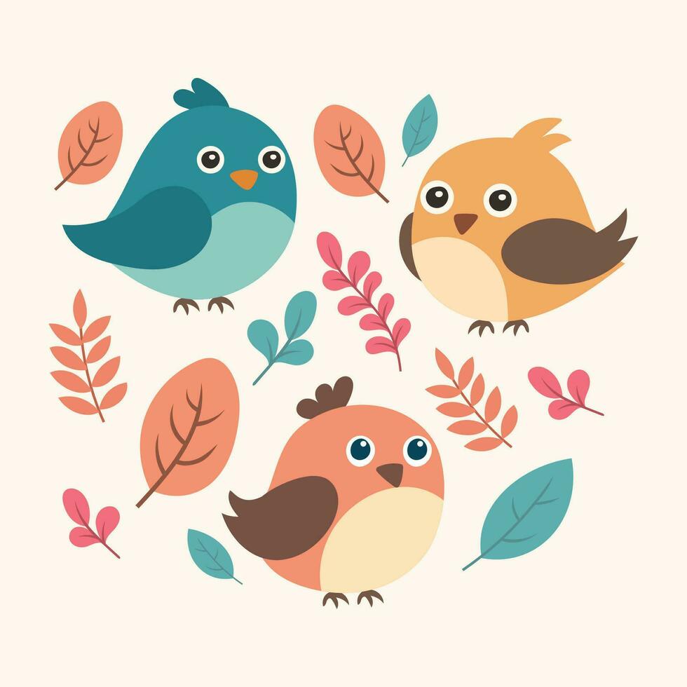 Set of cute vector birds with flowers and leaves. cartoon illustration in childish style.