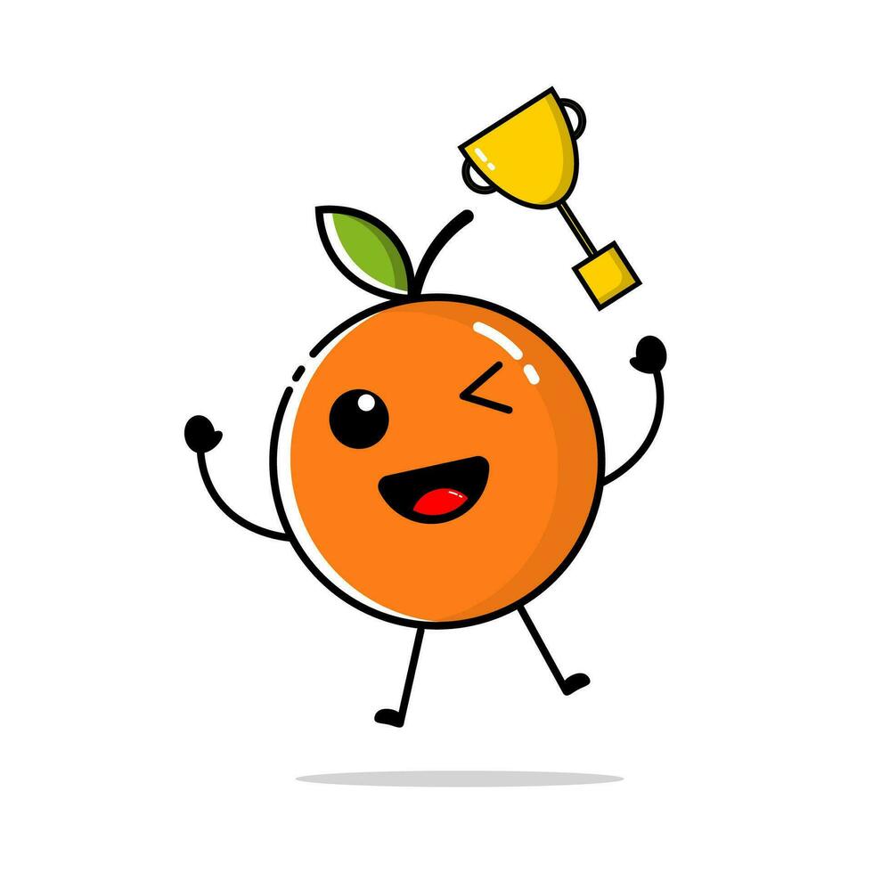 Character of orange fruit with flat design style, which is throwing a golden trophy vector