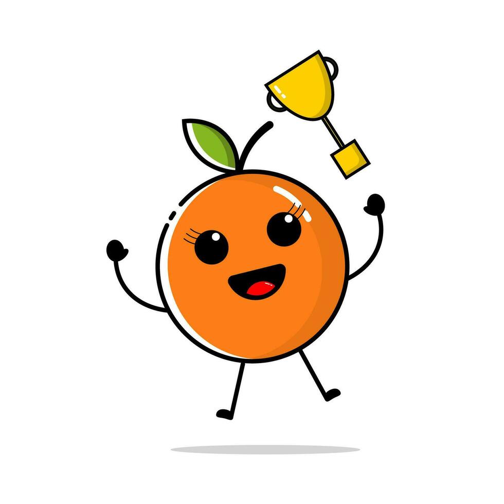 Character of orange fruit with flat design style, which is throwing a golden trophy vector