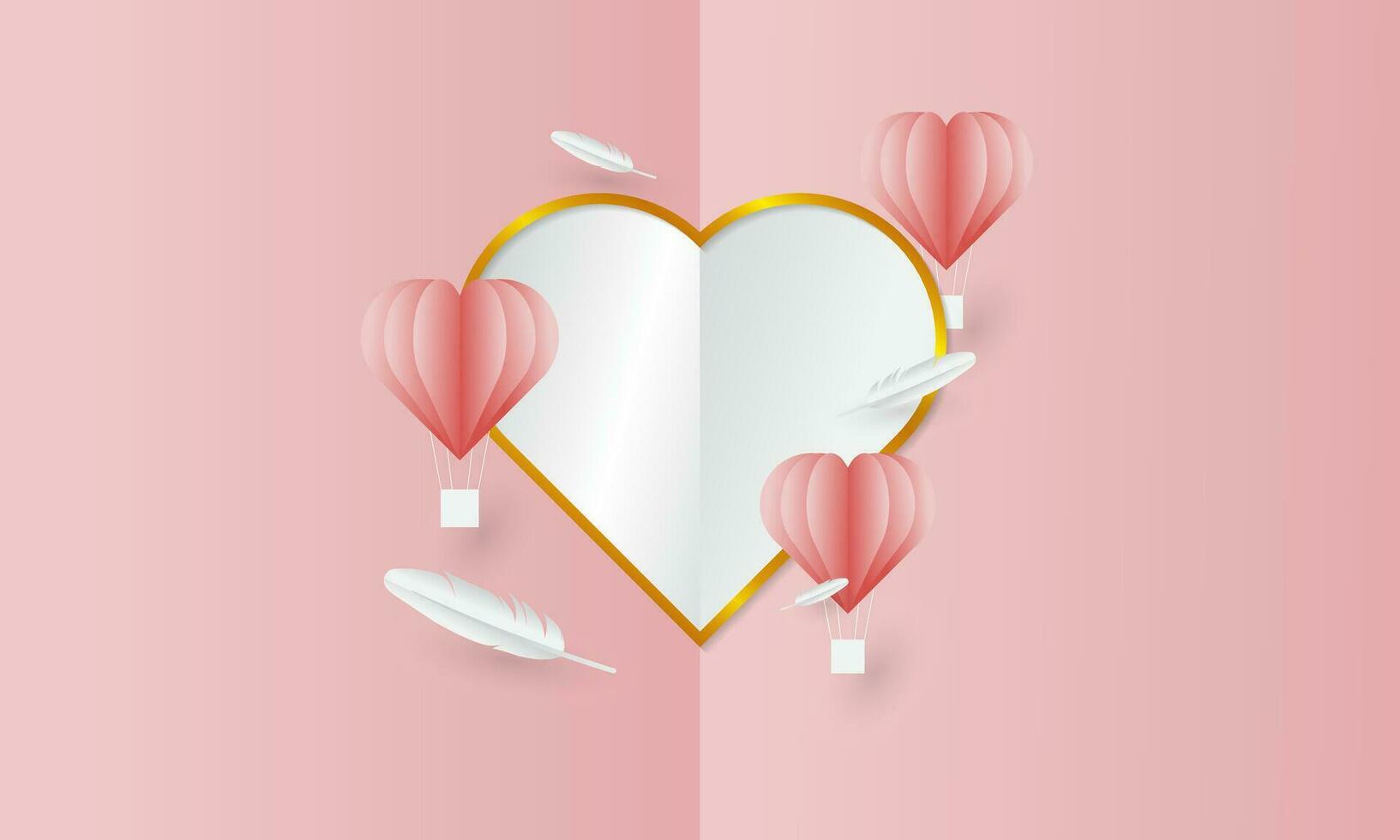 Valentine's Day themed background design in a paper cut style, with elements of hearts, feathers, hot air balloons, perfect for love and valentine themed backgrounds vector