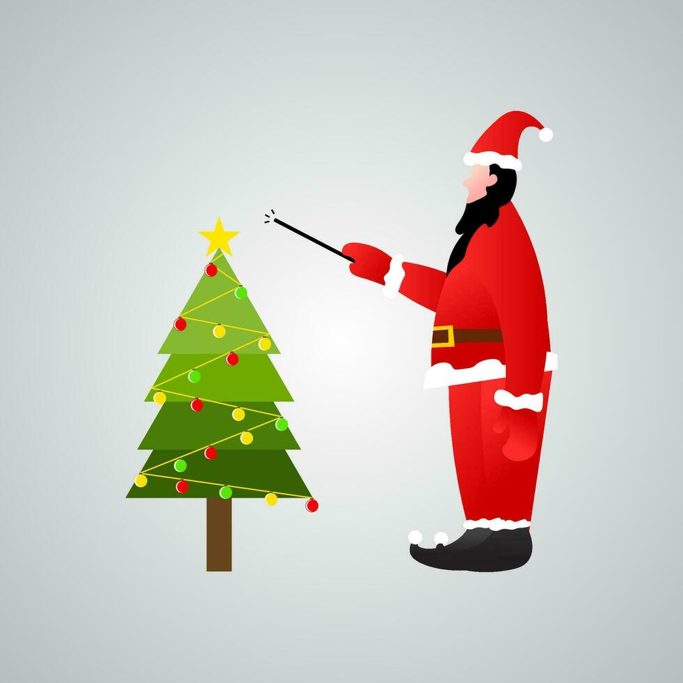 A Santa Claus who is holding a wand, and brings up a complete Christmas tree with its attributes vector