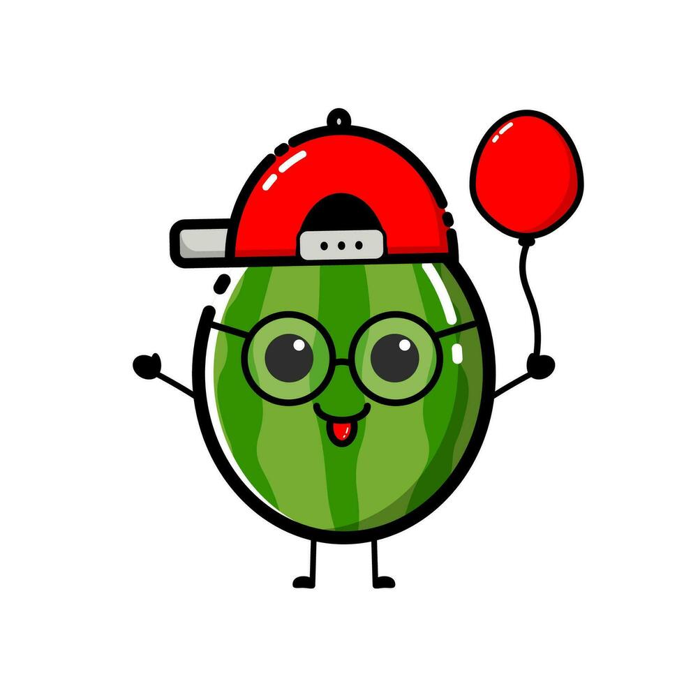 Watermelon character design that is wearing a red hat, with a flat design style vector