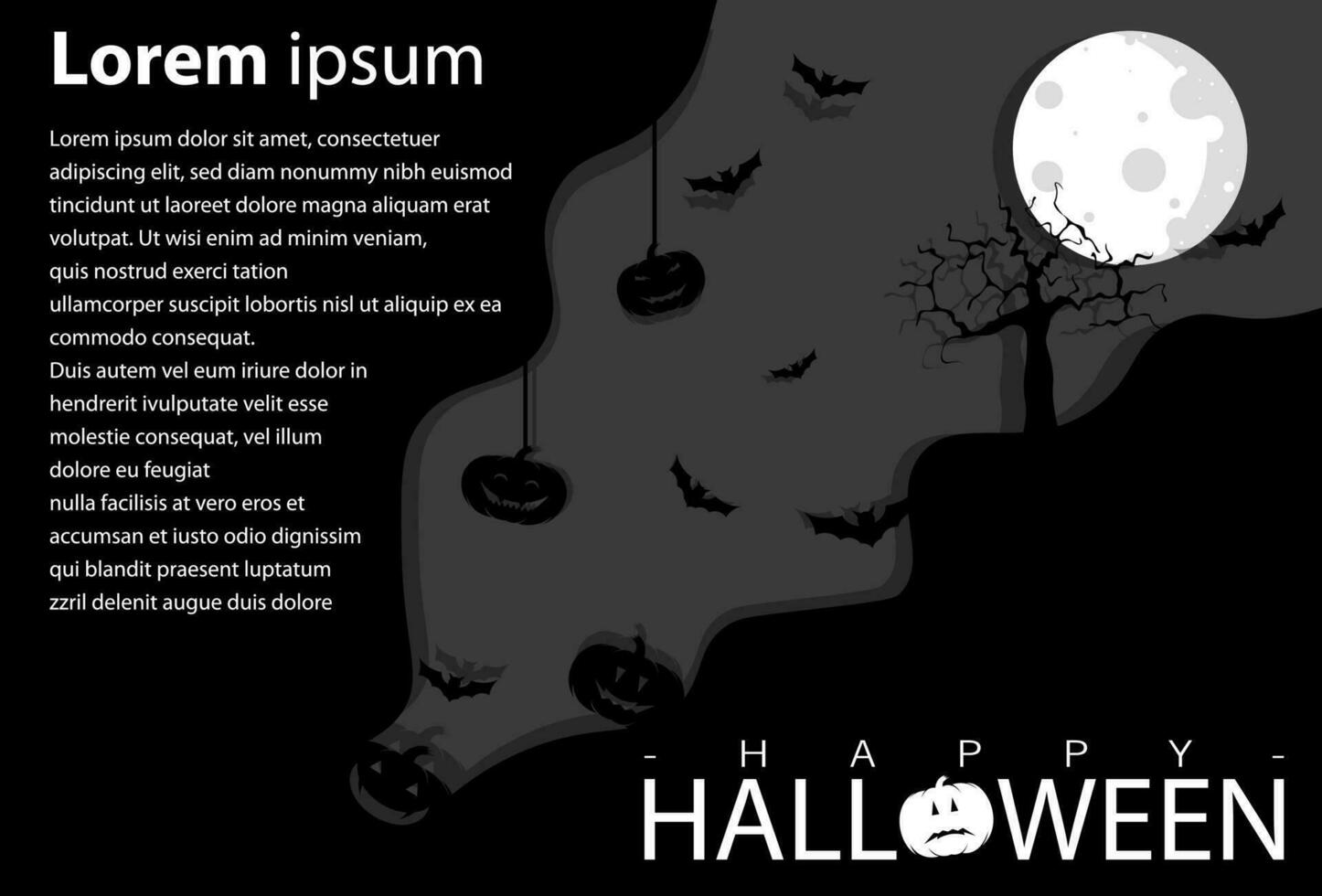 Halloween, a Halloween-themed background, a shining moon, pumpkin shadows, tree shadows, funeral peg shadows, and bats vector