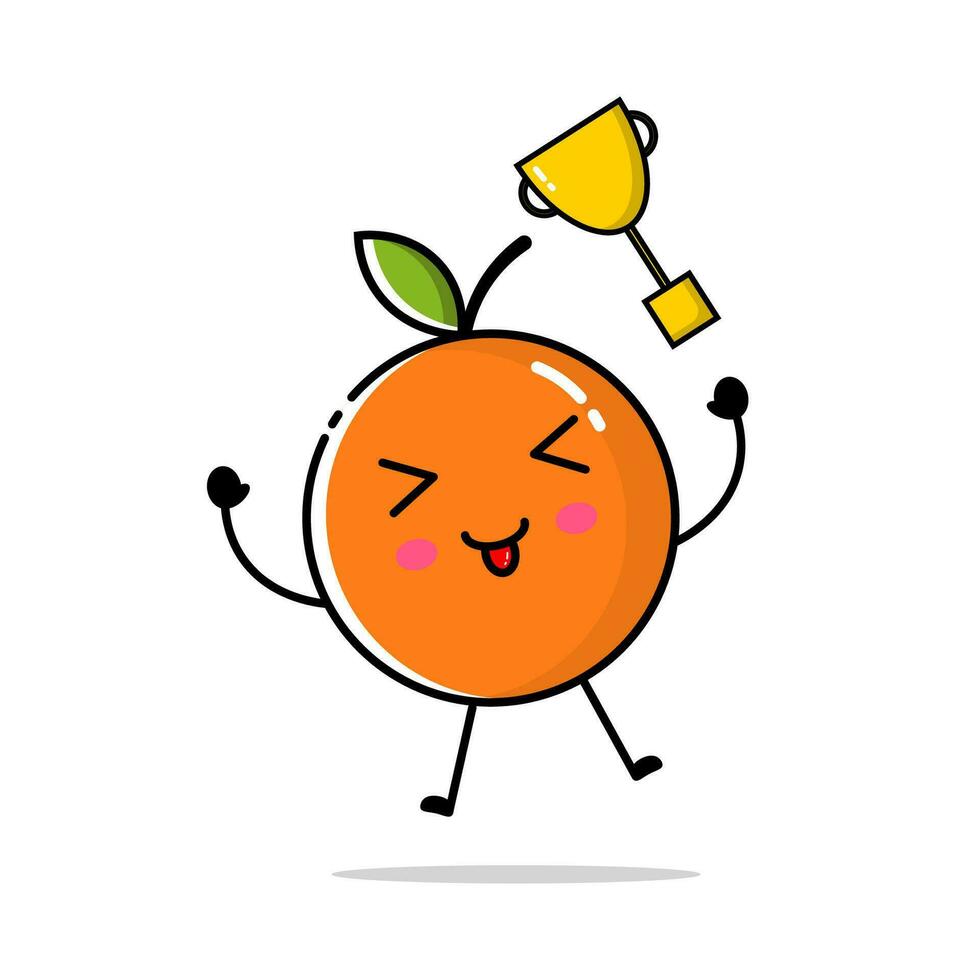 personaje de naranja Fruta con plano diseño estilo, cuales es lanzamiento un dorado trofeo vector