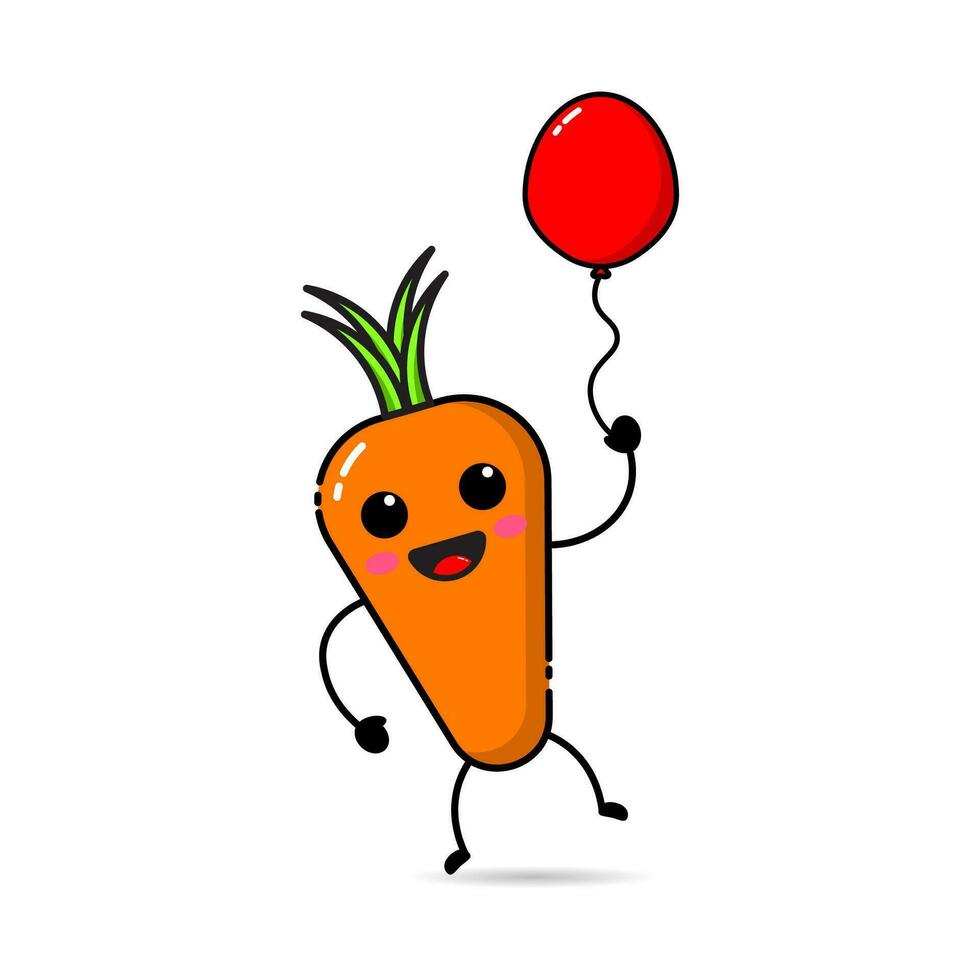 Carrot character design icon holding a balloon with a funny, funny and adorable expression vector