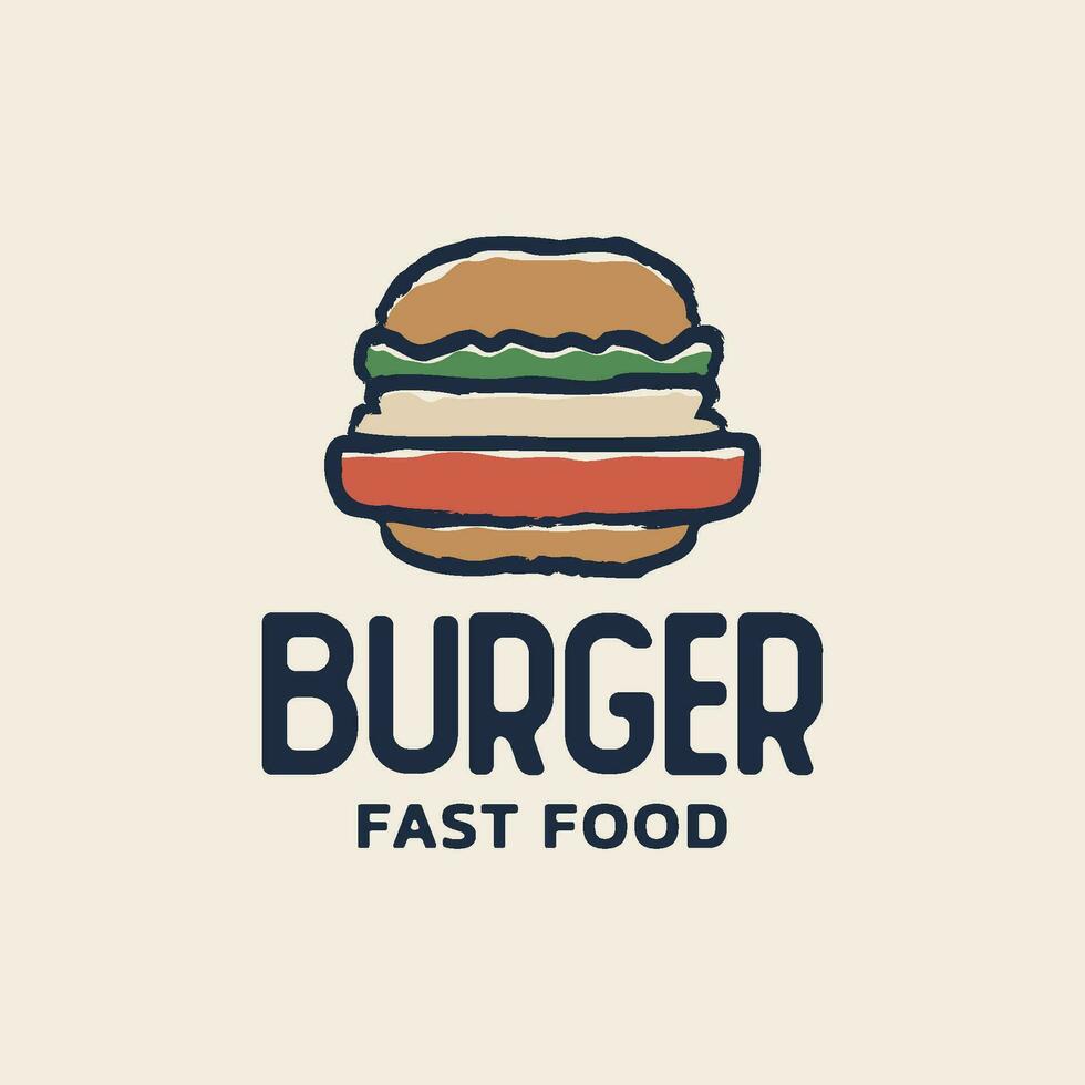 Burger Fast Food Hand Drawn Logo with Retro Style. Vector Illustration Hamburger Emblem.