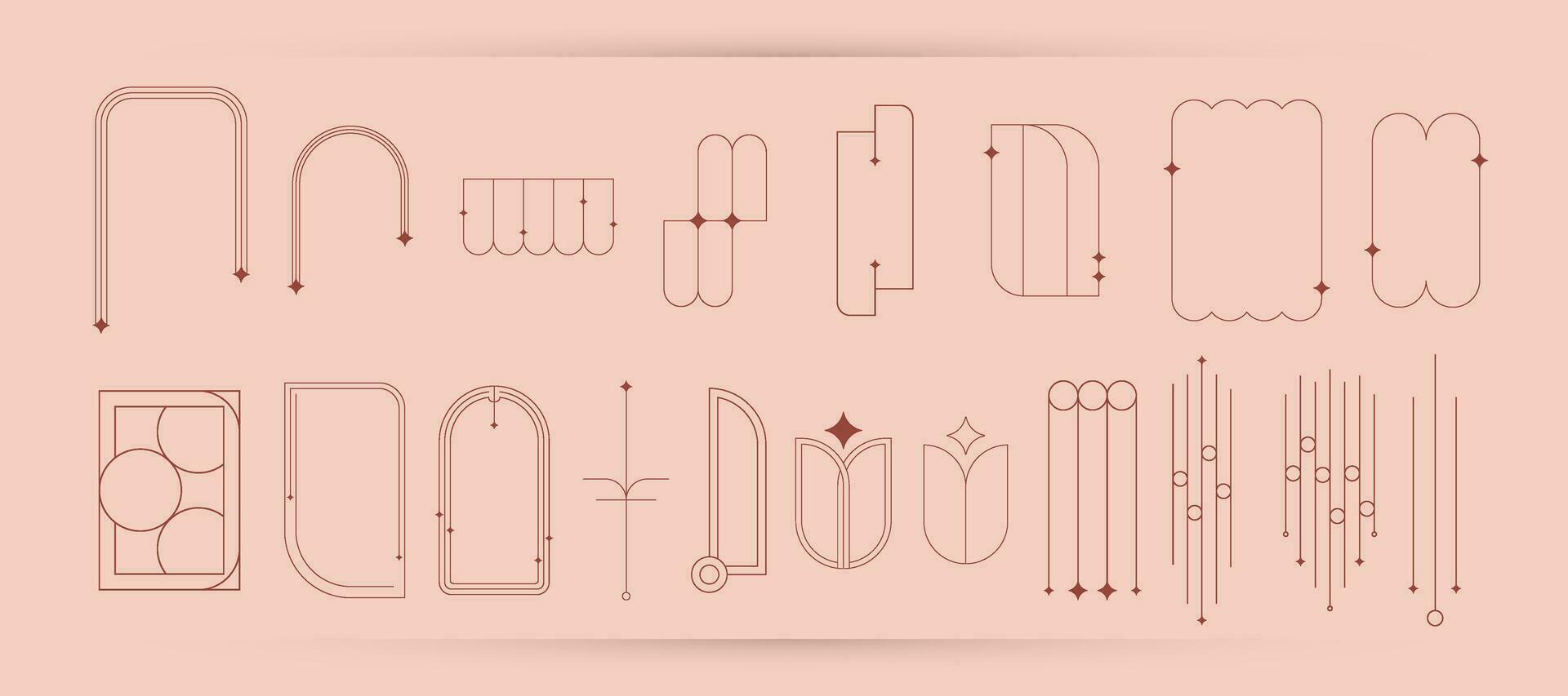 Aesthetic line boho wall decor elements. Modern minimalist decorative frame with stars. vector