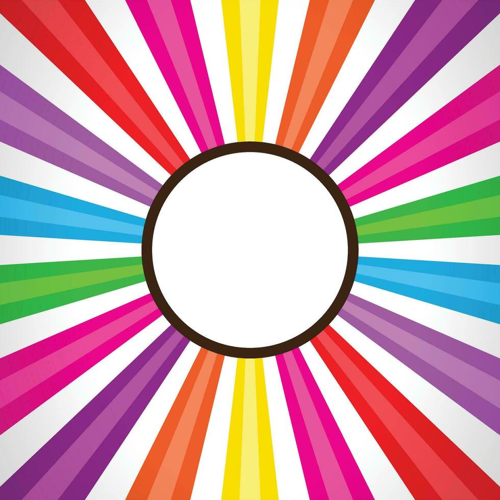 Rainbow style colourful sunburst pattern background with badge, rays, radial, summer banner, vector illustration