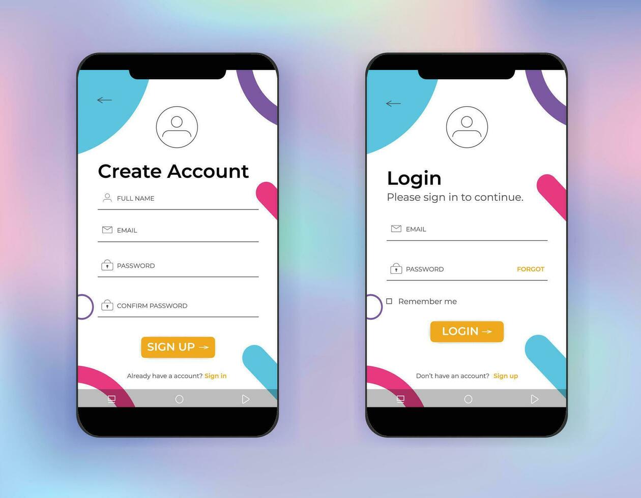 Vector illustration of smart phones login or signup application mock up isolated on gradient style colourful mesh background