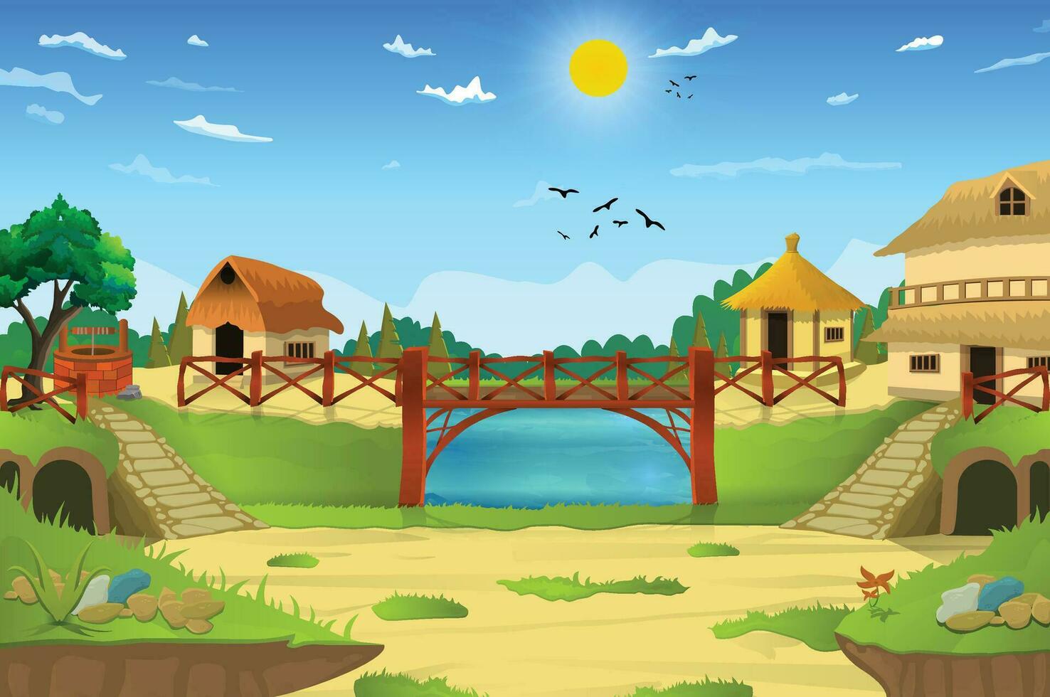 Vector illustration of beautiful village cartoon background of green meadows and surrounded by trees and mountains.