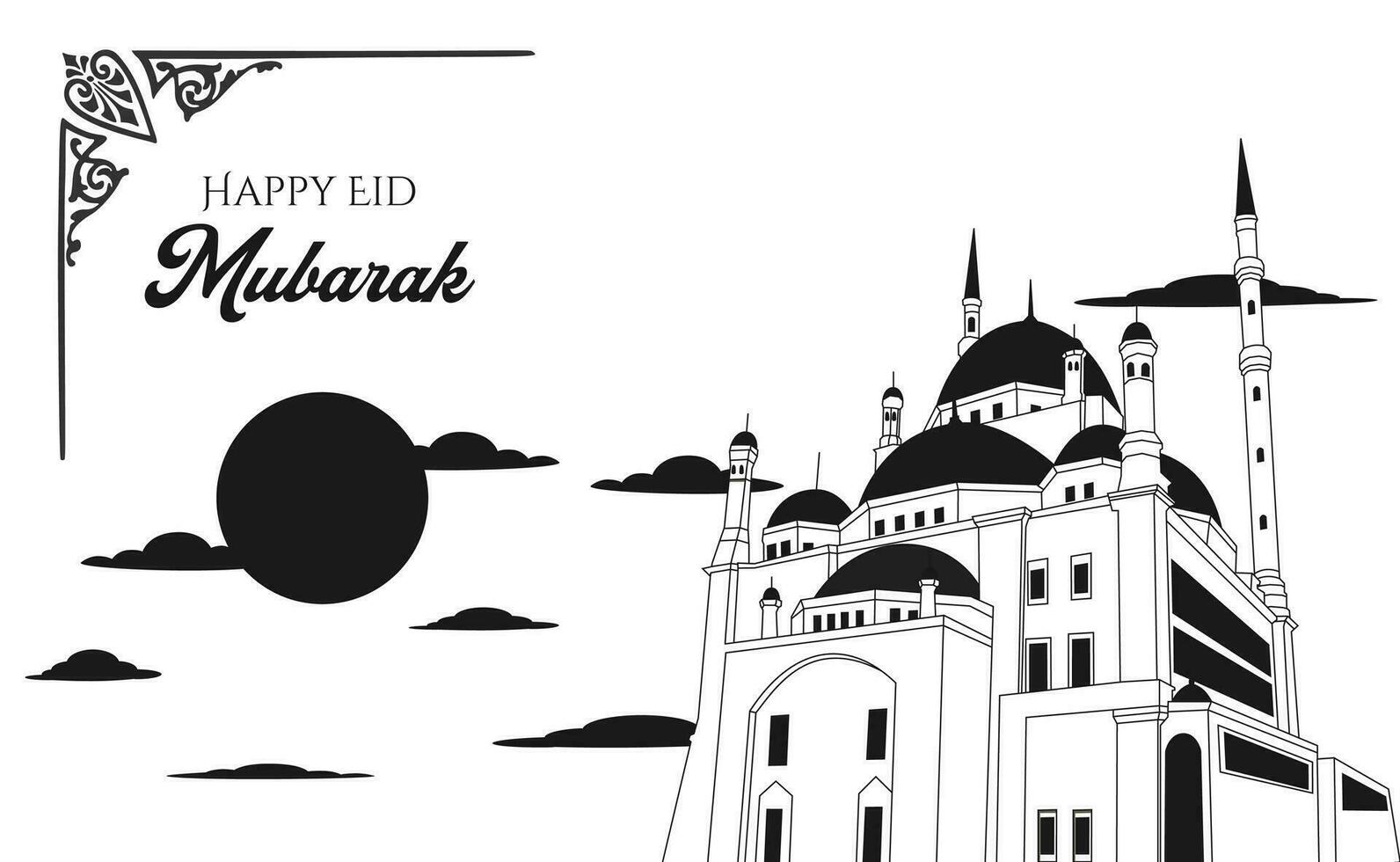 Eid mubarak banner in black and white style vector