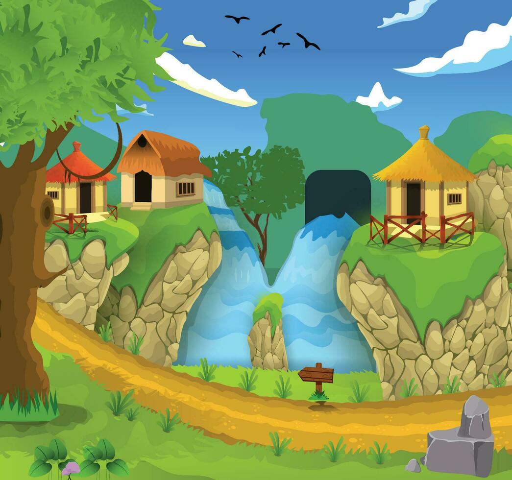 Vector illustration of beautiful Chinese style village cartoon background of green meadows and surrounded by trees and mountains.