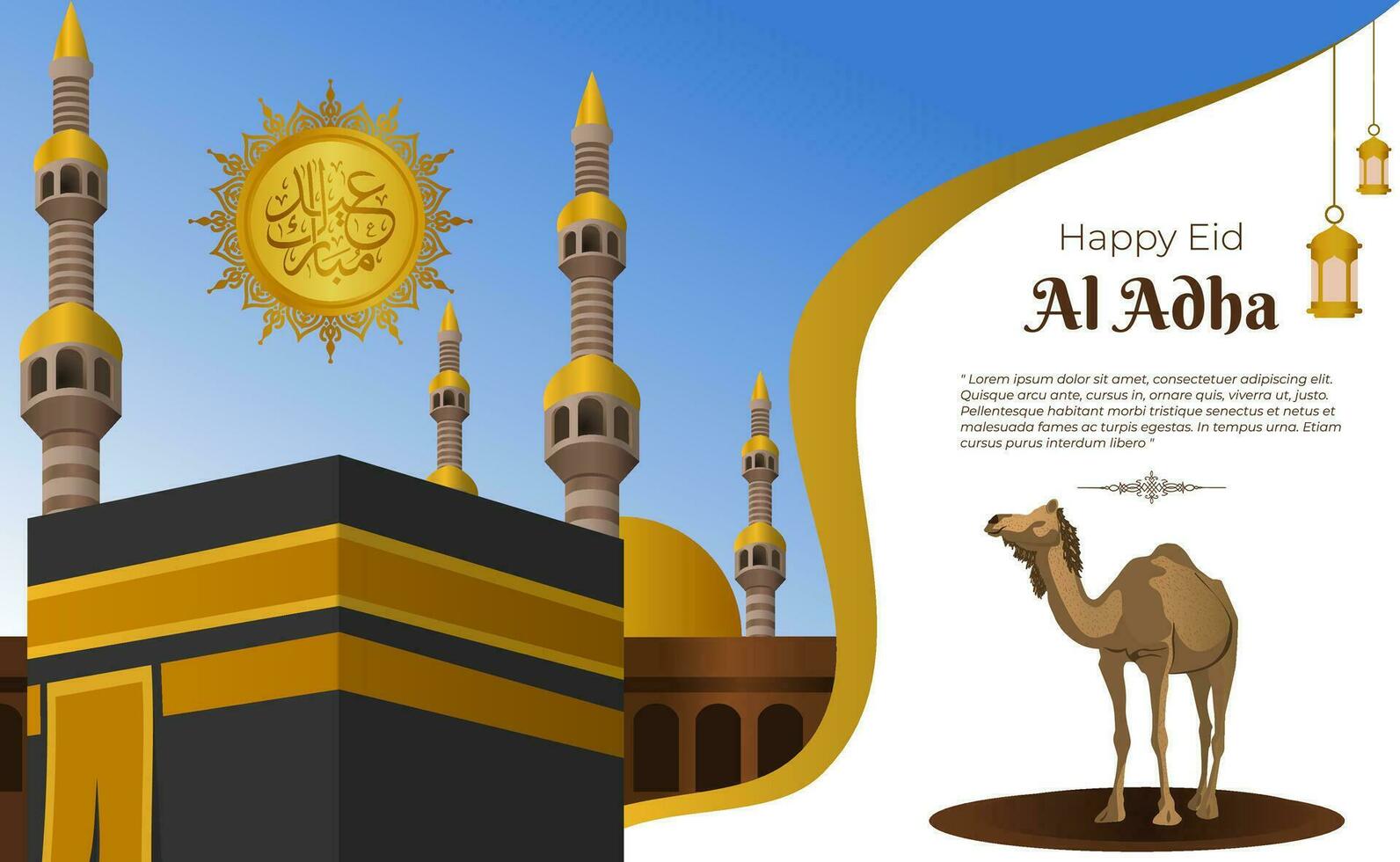 Eid al adha banner with kaaba and camel for sacrifice vector