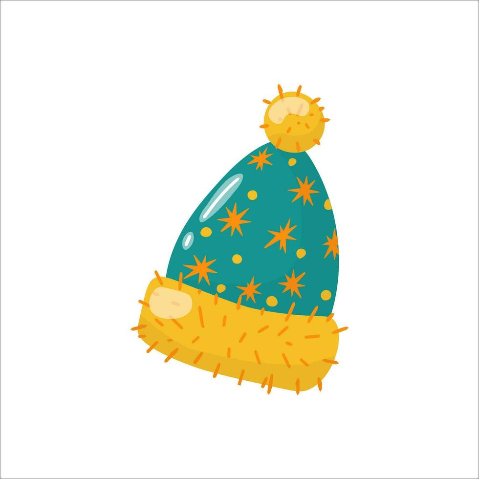 Vector single image of a hat with a pompon. Vector illustration for icon, logo, print, icon, card, emblem, label, web. Clipart in color.