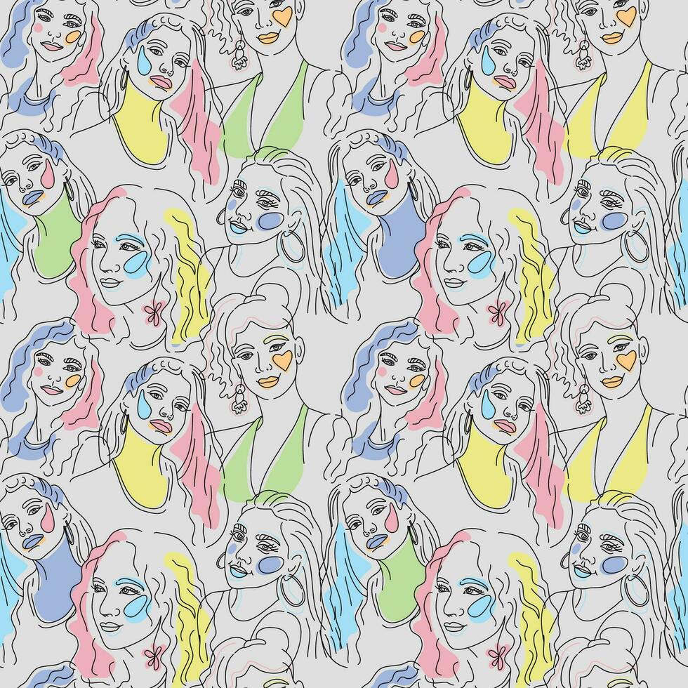 Vector seamless pattern. Continuous line art with woman face. Linear nature background. Use for package, cosmetics, decor. Fashion concept, feminine beauty minimalist.