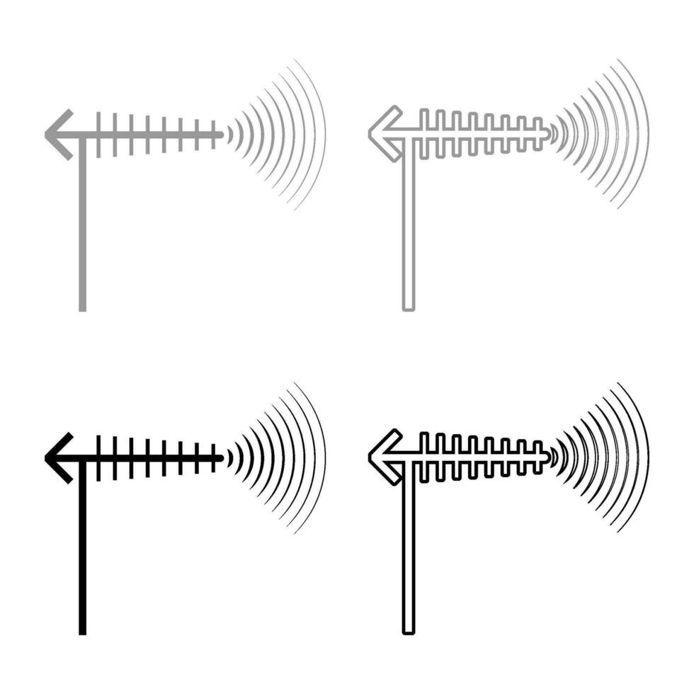 TV antenna and wave set icon grey black color vector illustration image solid fill outline contour line thin flat style