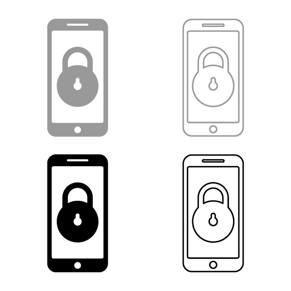 Smartphone lock personal data security cyber access concept phone locked cellphone padlock use set icon grey black color vector illustration image solid fill outline contour line thin flat style