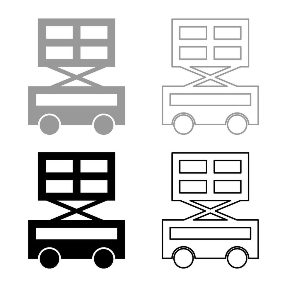 Lifting machine scissor lift platform self propelled set icon grey black color vector illustration image solid fill outline contour line thin flat style