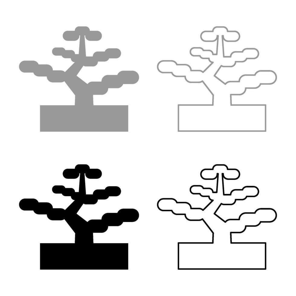 Bonsai pine tree garden concept plant japanese set icon grey black color vector illustration image solid fill outline contour line thin flat style