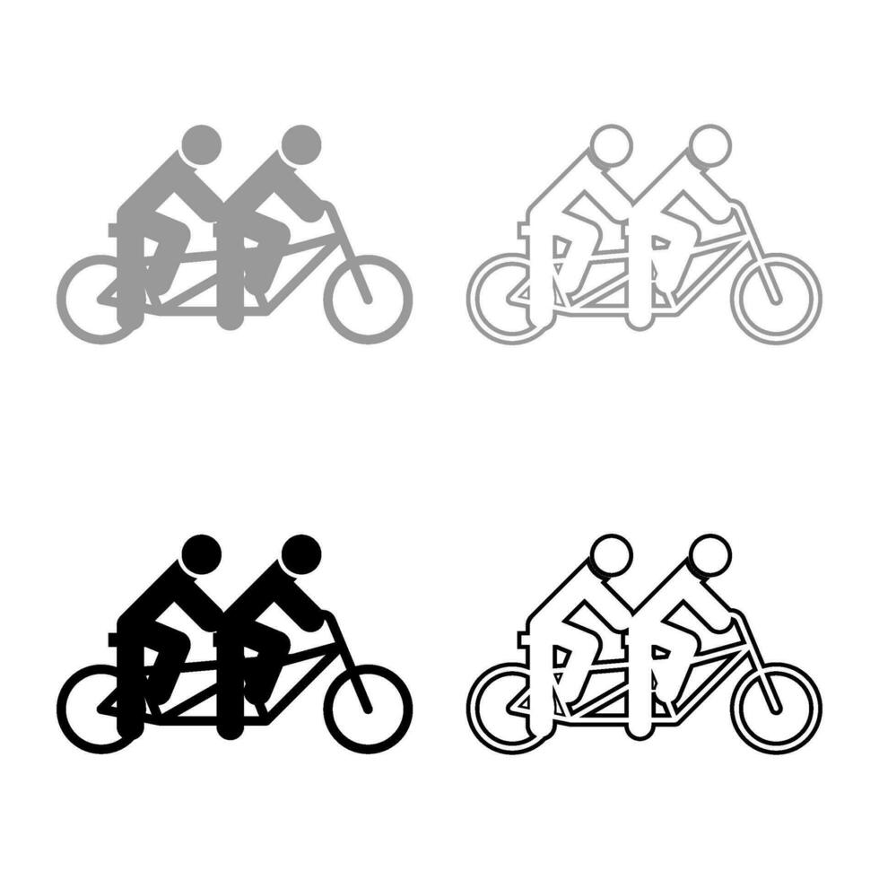 Two people on tandem bicycle ride together bike team concept riding travel set icon grey black color vector illustration image solid fill outline contour line thin flat style