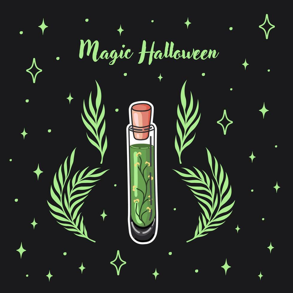 Halloween postcard. Greeting card with potion flask. Witchcraft and Magic. Vector. vector