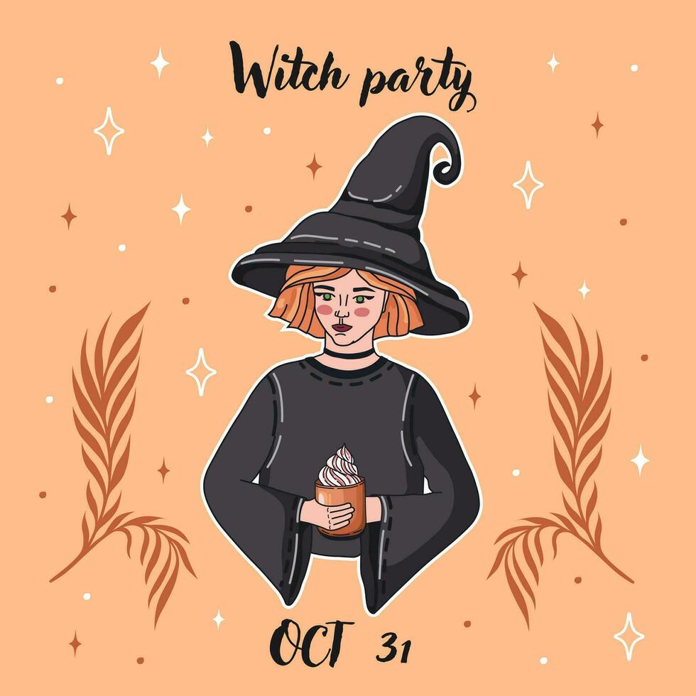 Halloween postcard. Invitation  for Witch party. Cute Witch with pumpkin latte. Vector. vector