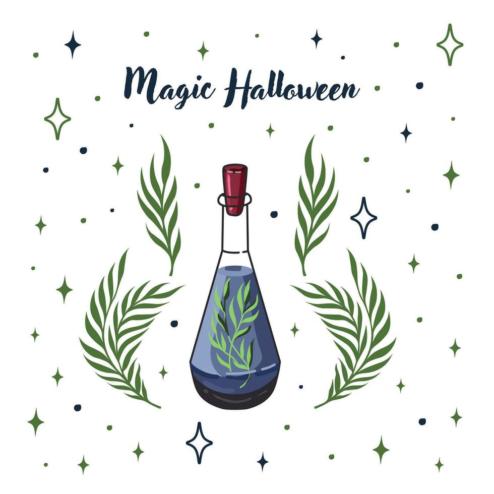 Halloween postcard. Greeting card with potion flask. Witchcraft and Magic. Vector. vector