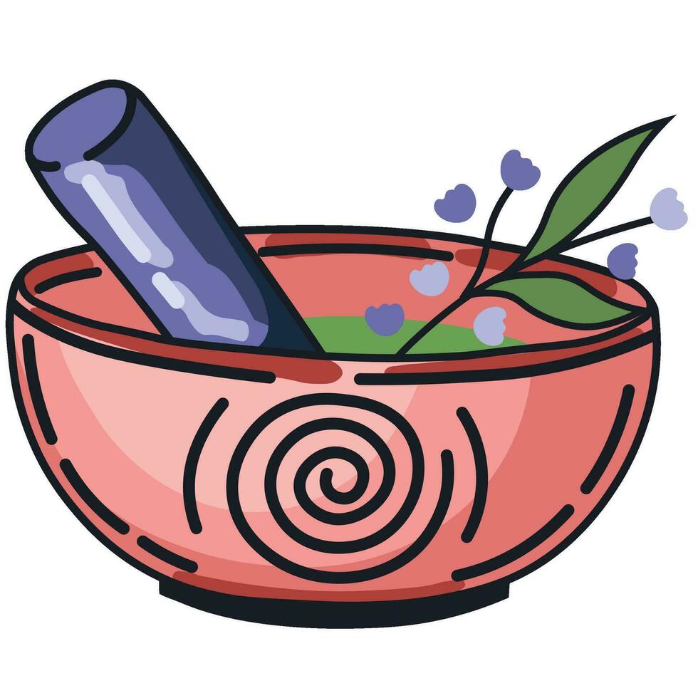 Witch bowl with herbs. Witchcraft and Magic. Vector. vector