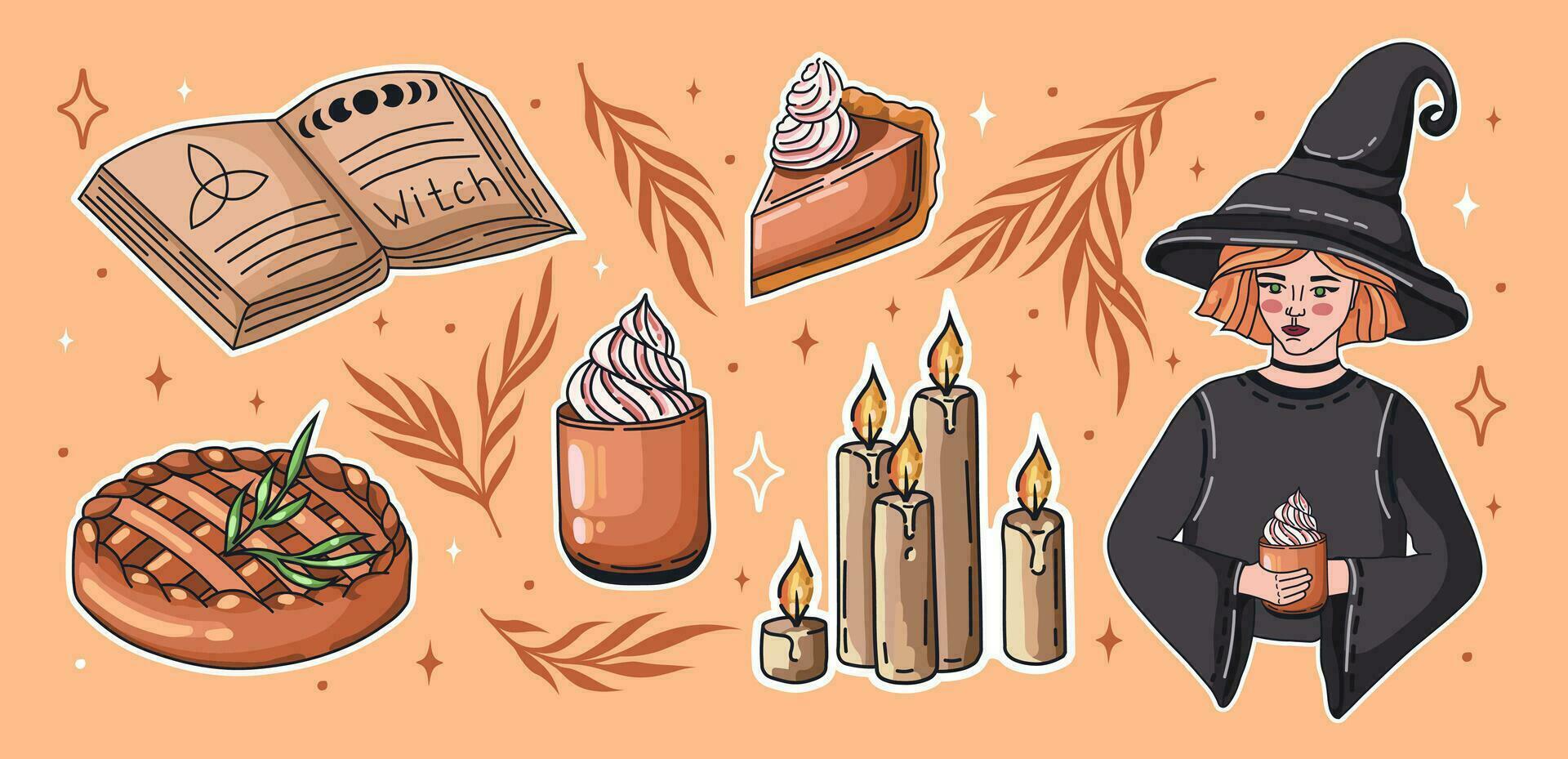 Autumn magic stickers with pumpkin pie and latte, Witch, recipe book, and candle. Cozy illustrations for Halloween. Witch kitchen. Vector. vector