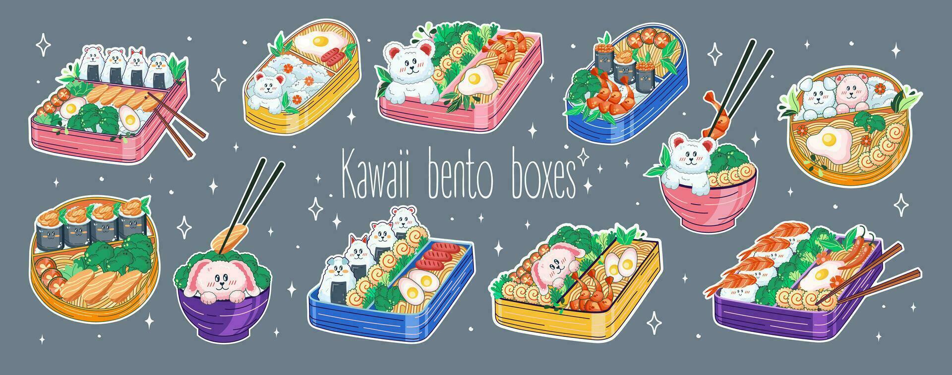 bento cajas y bochas en kawaii estilo. lindo, vistoso ilustraciones. japonés comida en almuerzo cajas animé vector. vector