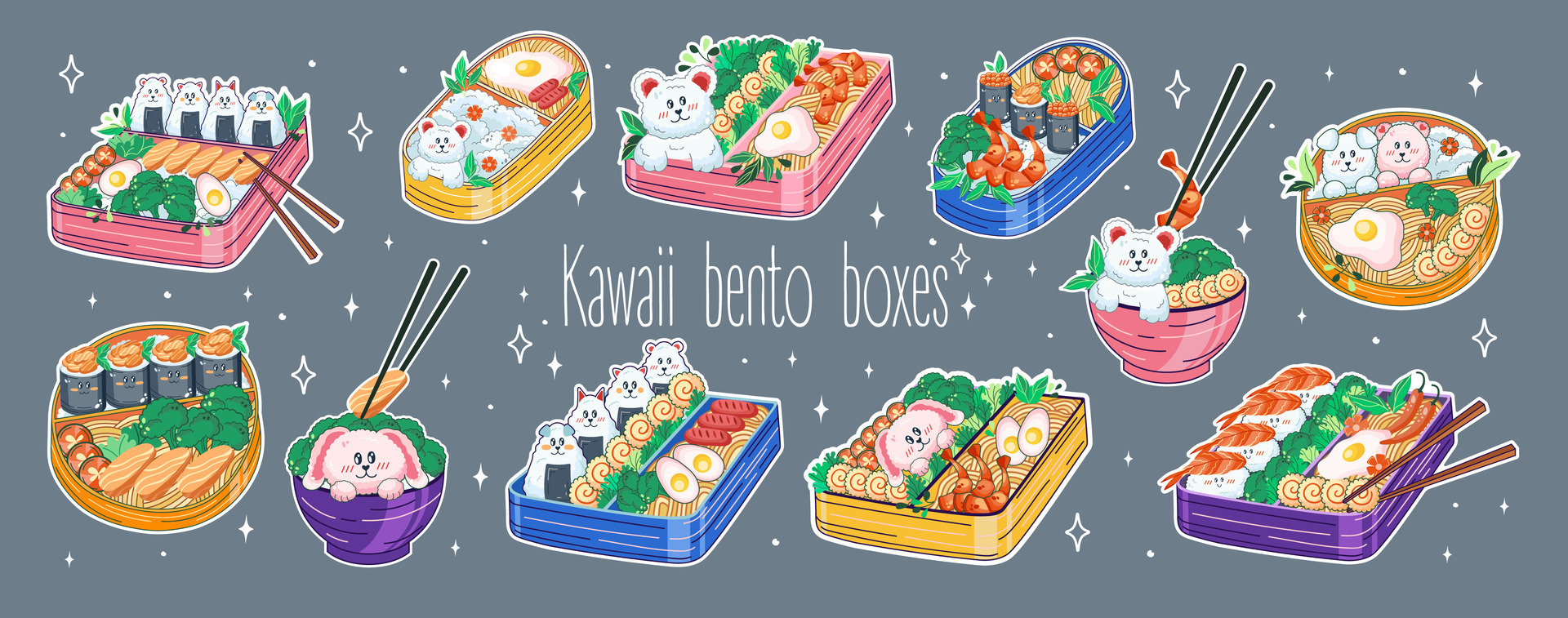 Bento box in Kawaii style. Cute, colorful illustration. Japanese