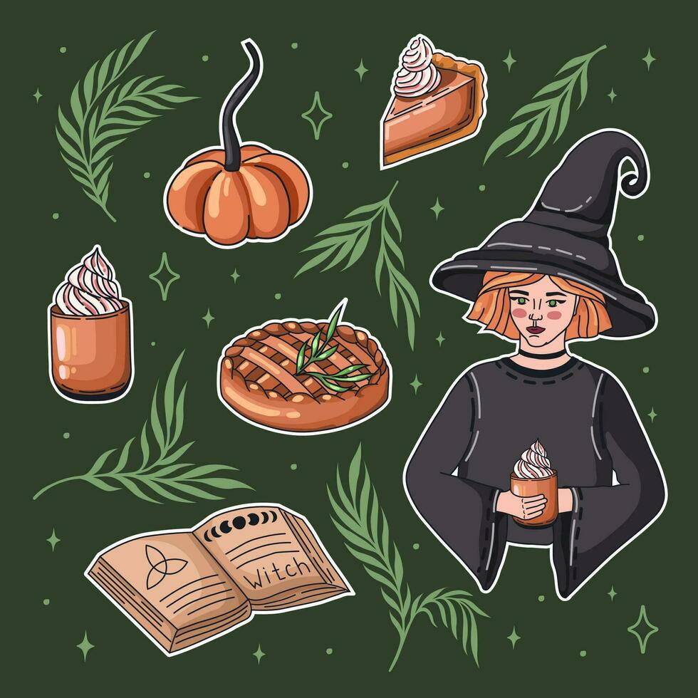 otoño magia pegatinas con calabaza tarta y latté, bruja, receta libro, y vela. acogedor ilustraciones para Víspera de Todos los Santos. bruja cocina. vector. vector