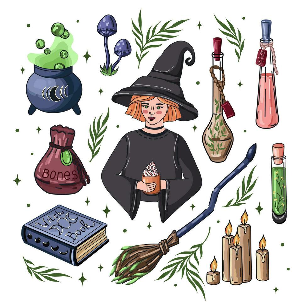 Witch items. Set of stickers with Witch, potions, cauldron, candles, Magic book, and broom. Spooky illustrations for Halloween. Vector. vector