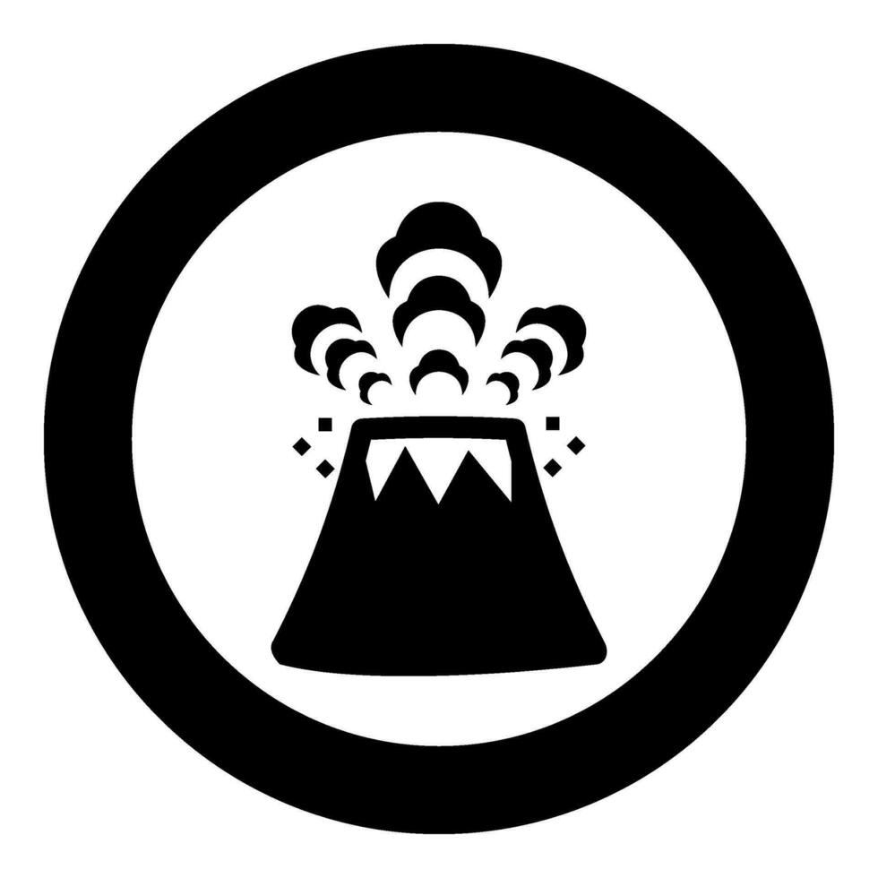Volcano spewing lava and rocks icon in circle round black color vector illustration image solid outline style
