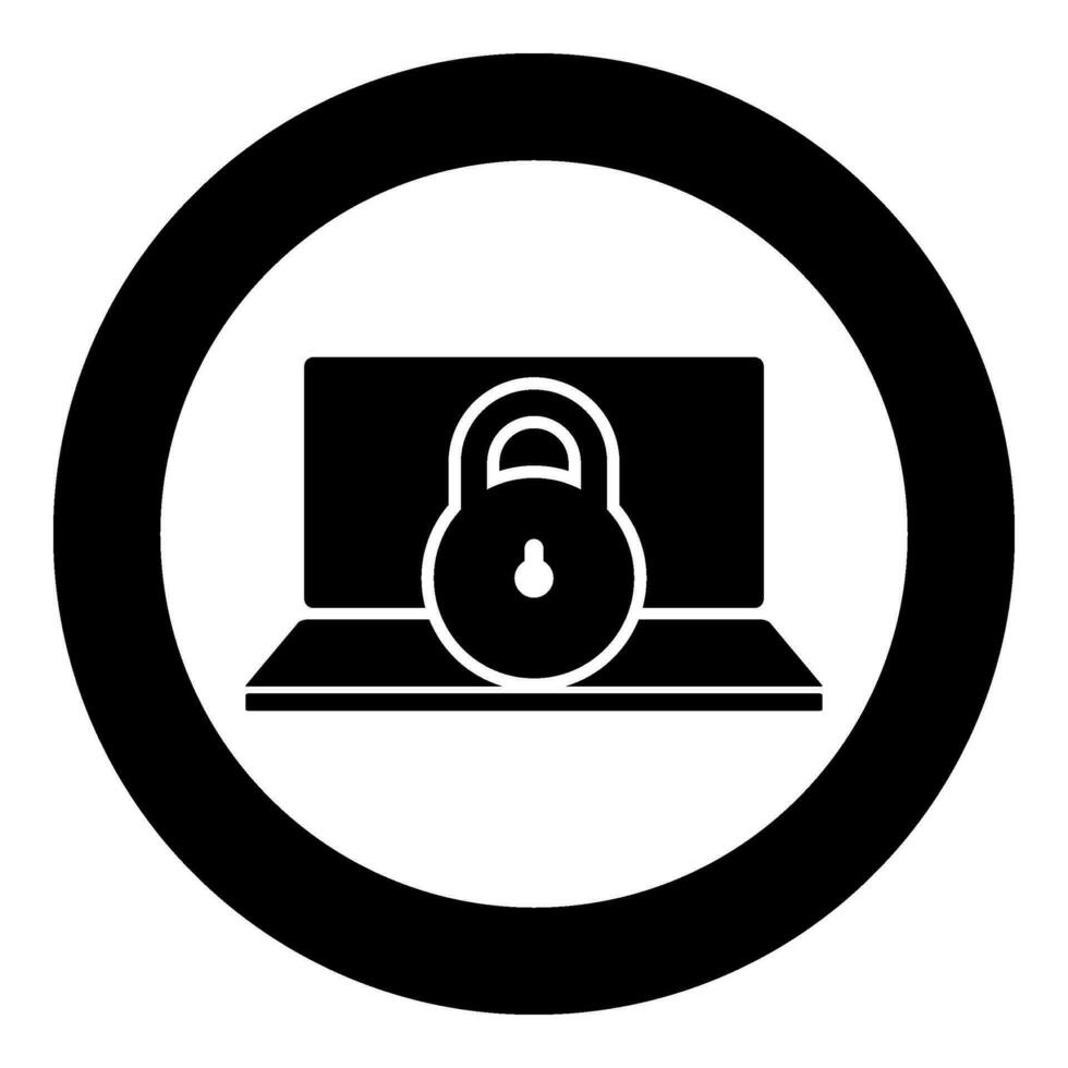 Laptop lock personal data security cyber access concept locked padlock use icon in circle round black color vector illustration image solid outline style