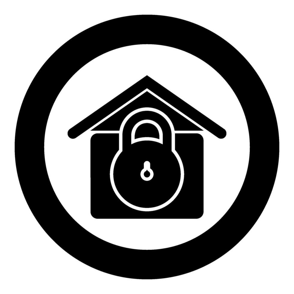 Lock house home protection with locked padlock concept safety defense security icon in circle round black color vector illustration image solid outline style