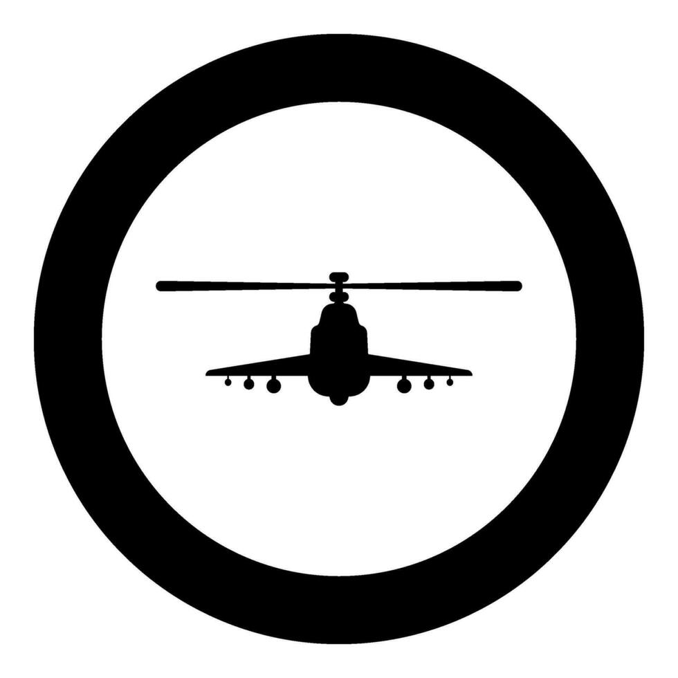 combate helicóptero ataque militar concepto ver frente icono en circulo redondo negro color vector ilustración imagen sólido contorno estilo