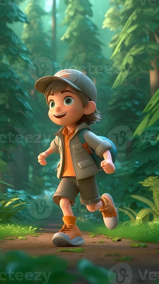 3d render little kid exploring in the forest, mascot. AI generated photo