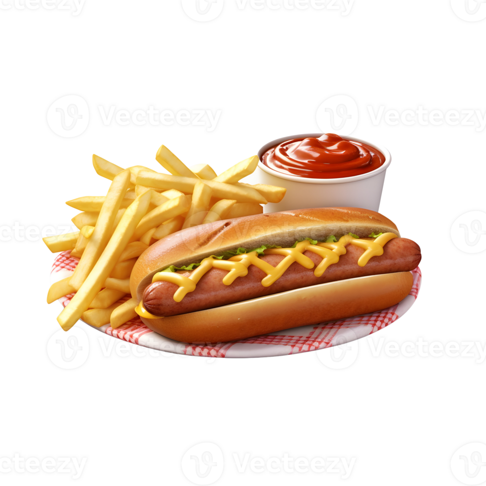 Delicious hot dog with ketchup and mustard, French fries. AI Generated