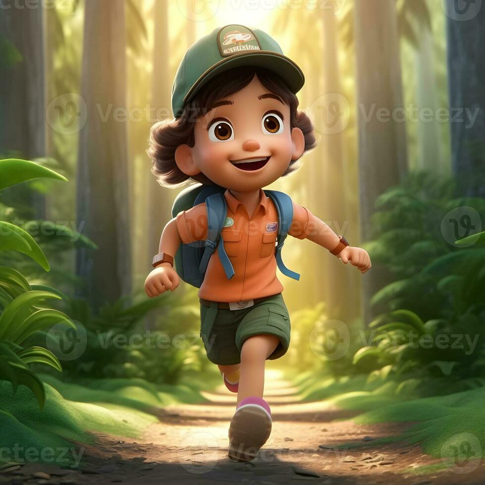 3d render little kid exploring in the forest, mascot. AI generated photo