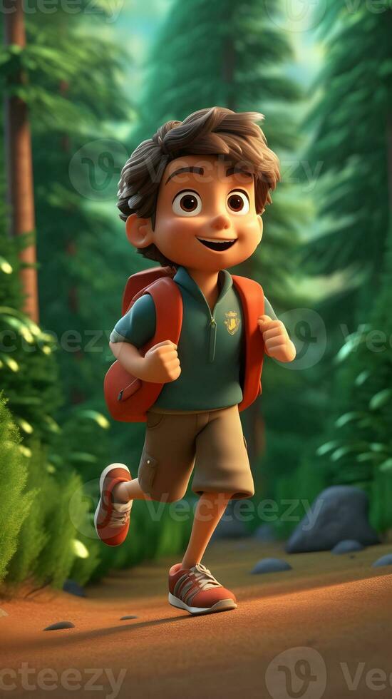 3d hacer pequeño niño explorador en el bosque, mascota. ai generado foto