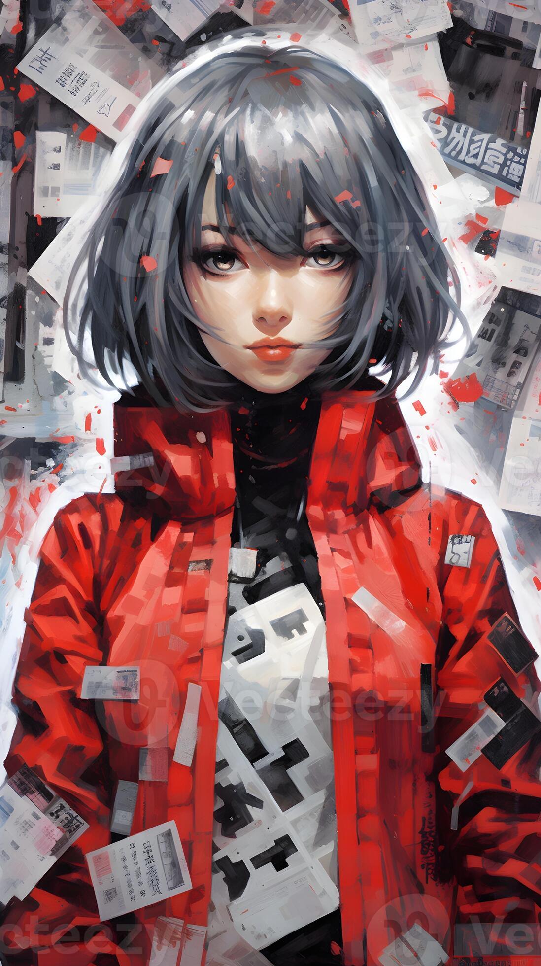 Anime girl with newspaper background. ai generated 25728243 Stock Photo