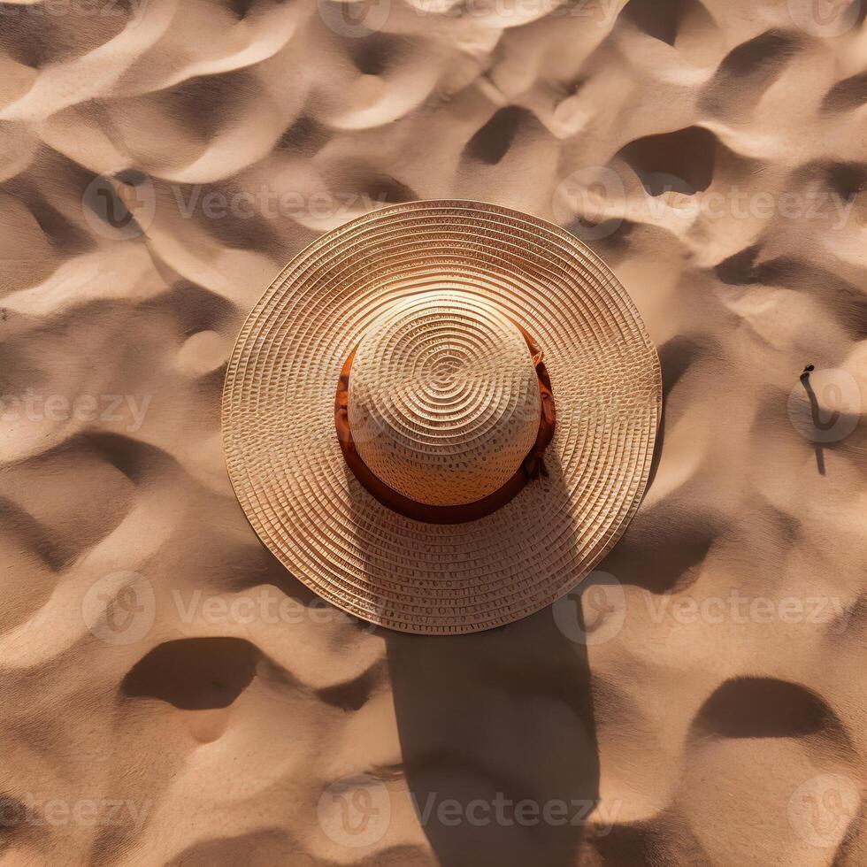 Top view of sand beach with beach hat. ai generated photo