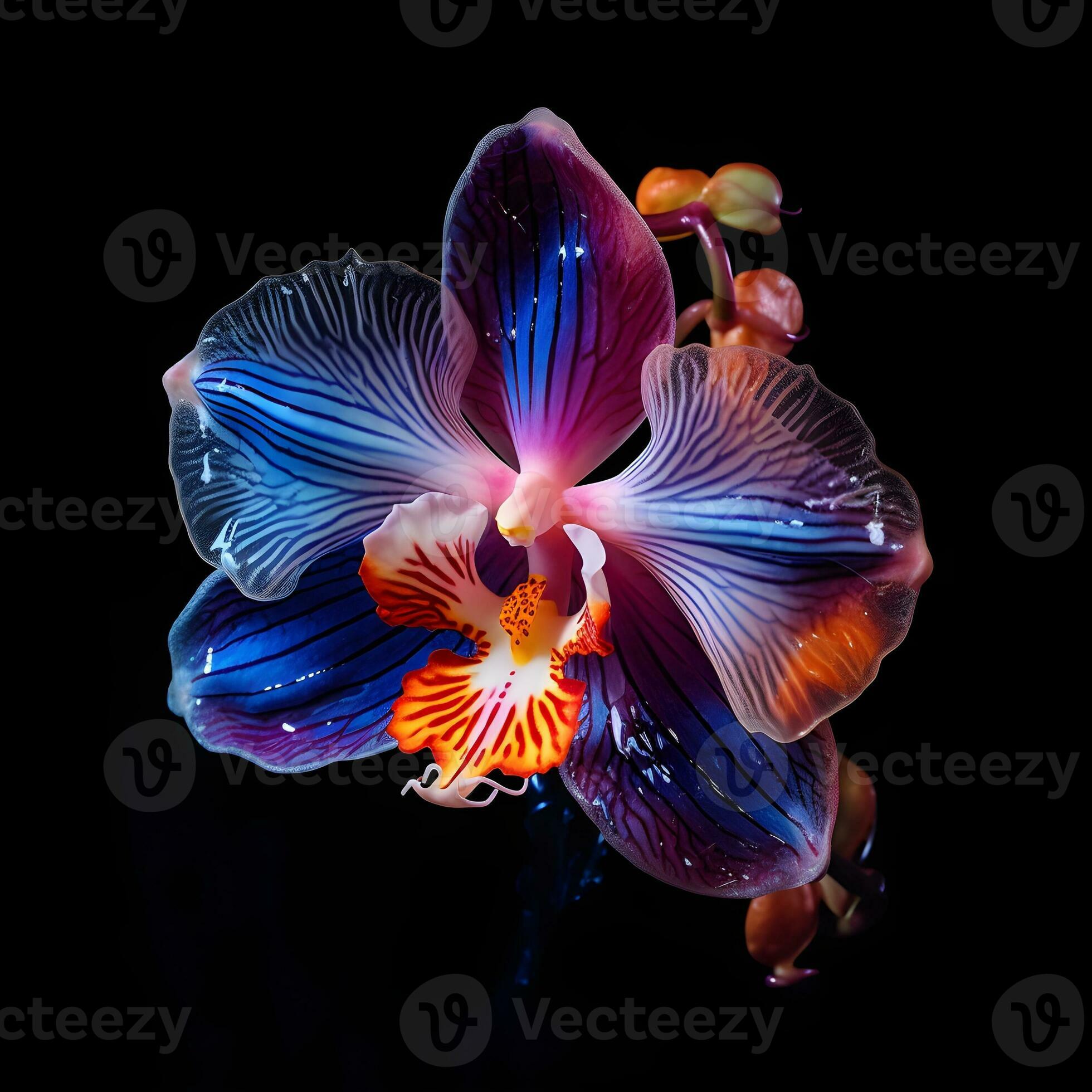 Orchid flowers with neon color and dark background. ai generated