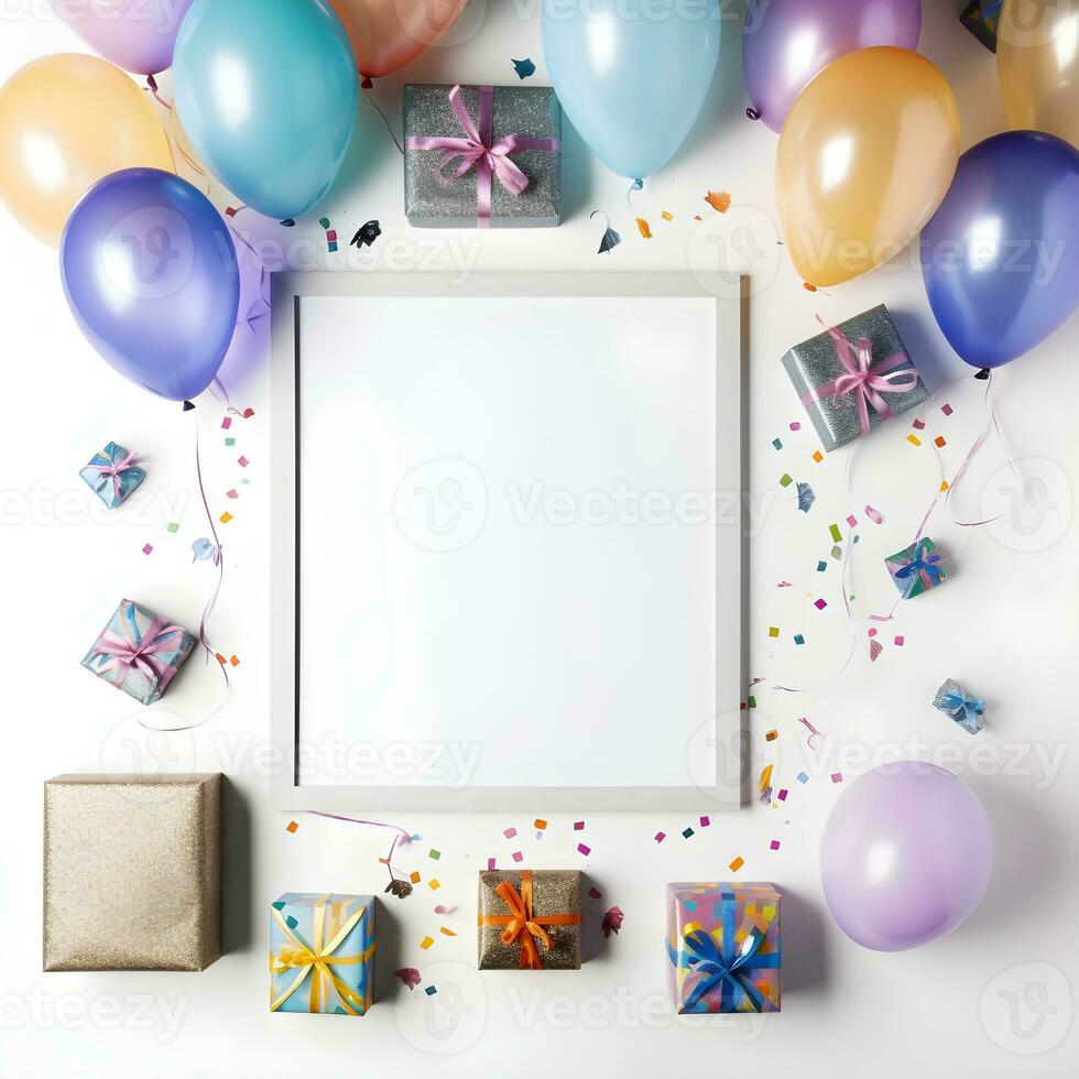 frame with balloons and confetti around it. birthday and greeting concept. ai generated photo