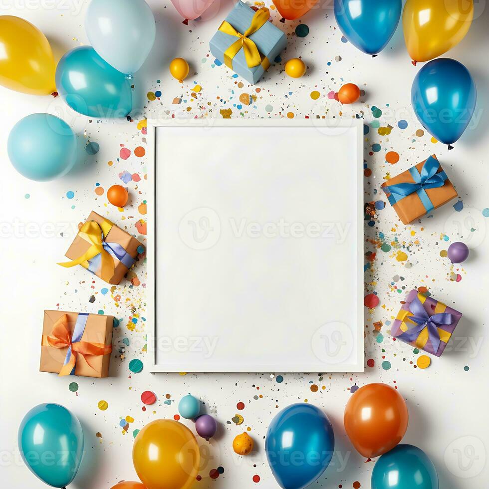 frame with balloons and confetti around it. birthday and greeting concept. ai generated photo