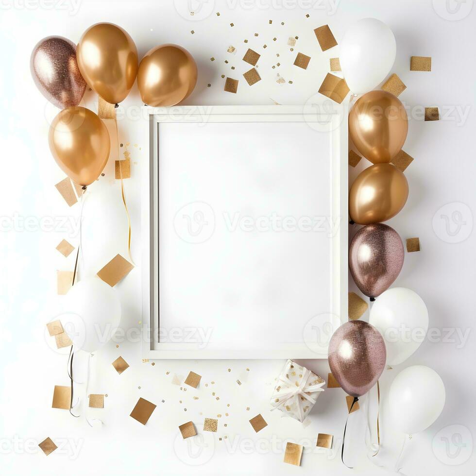 frame with balloons and confetti around it. birthday and greeting concept. ai generated photo