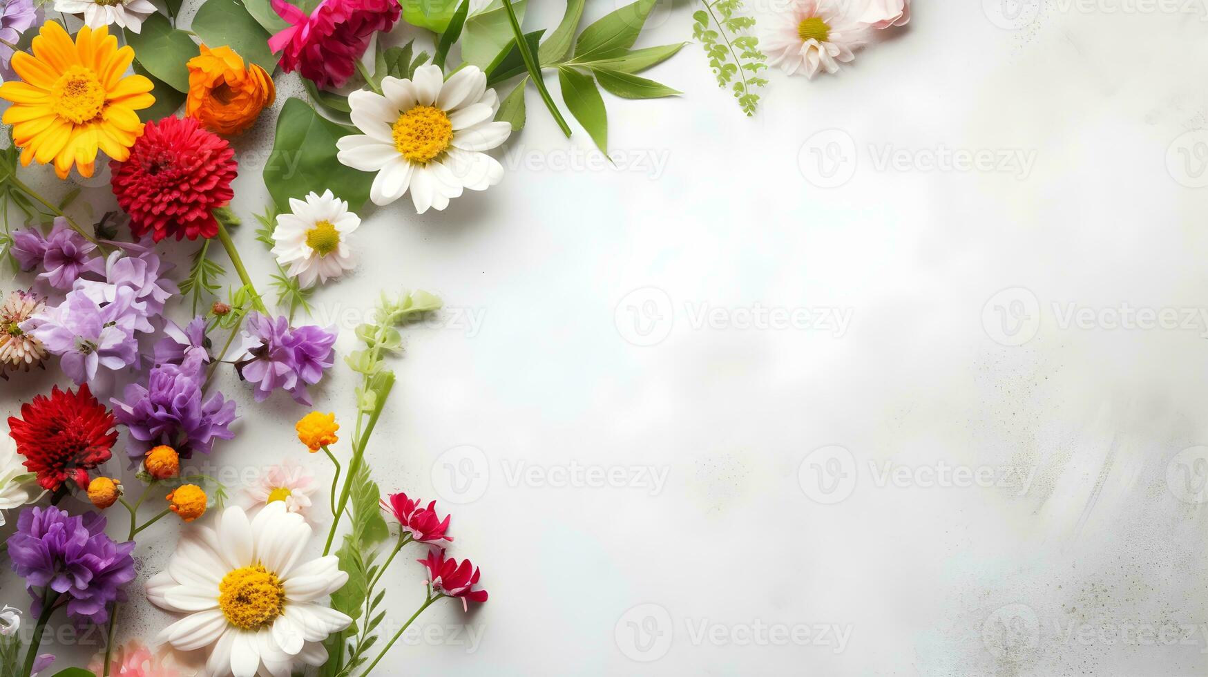 Top view spring flowers and leaves. Floral banner, poster, flyer template with copy space. ai generated photo